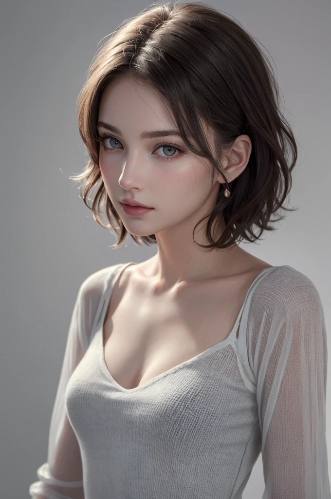 8K Ultra HD、RAWphotograph、モデルphotograph撮影、 European Fashion、(masterpiece、Highest quality、Realistic、High resolution、photograph:1.3)、close、focus on、Hot Model、slim、30 year old mature woman、Small face、No makeup、short hair、Beautiful dark brown Hayne eyes、Genuineスキン、(Perfect body)、Sexy hot face、sexual sight、slim、dress、Long sleeve、Beautiful eyes in every detail、Glossy lips、Small breasts、Small breasts、((Bright light、Dynamic Lighting、Genuine、超Genuine、 realism、Genuineなディテール、Cool Beauty、Cool pose、Background gray、Plain gray background