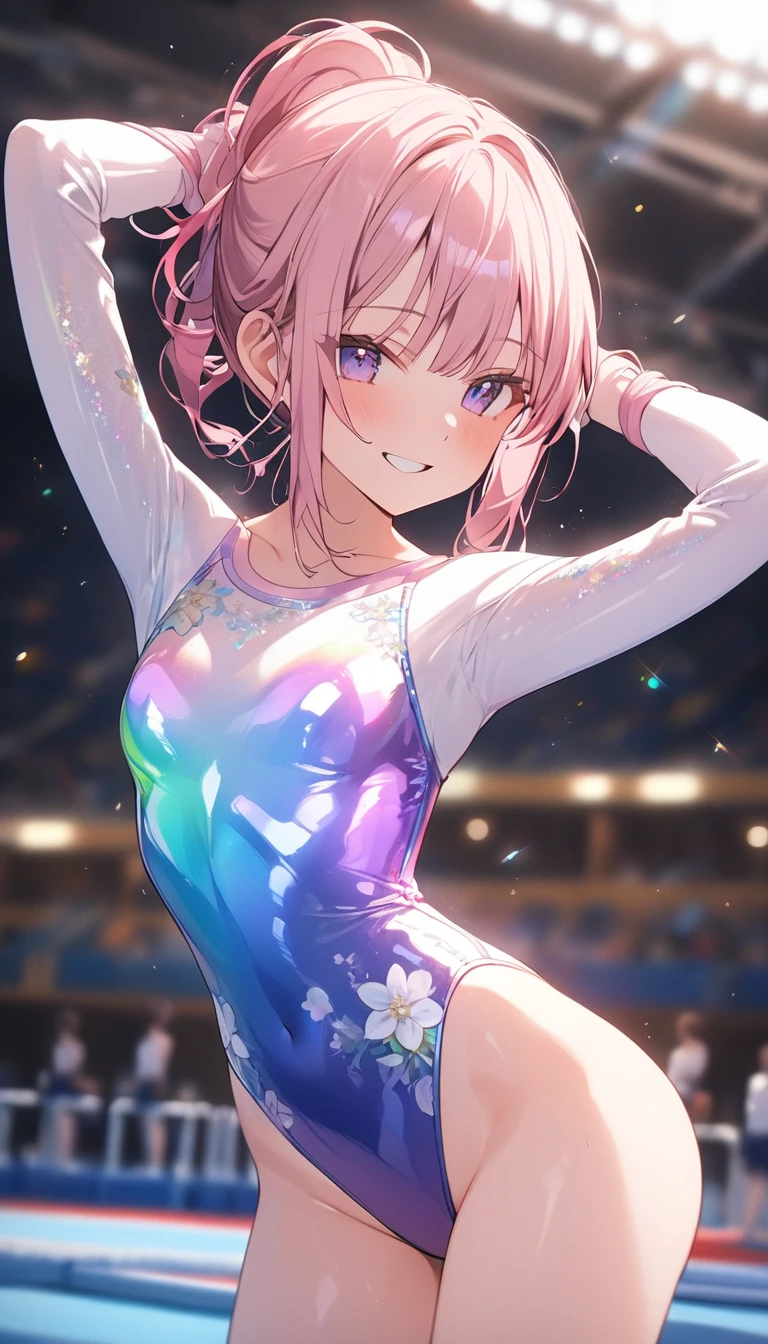 highquality illustration, masterpiece, very delicate and beautiful, attractive girl,(gymnastics leotard, Floral patterns leotard,long sleeve leotard with glittery decoration,high_leg leotard,athletic leotard,tight-fit leotard,iridescent gradient leotard,long-sleeve leotard),thin,slender body,slim,high school,gymnasium background,gymnastics club,gymnastics athlete,princess, beautiful eyes,light smile,(masterpiece, best quality:1.2), highres, extremely detailed CG unity 8k wallpaper, perfect lighting, Colourful, ultra-high res,4K,ultra-detailed, photography, 8K, HDR, ages, full body,