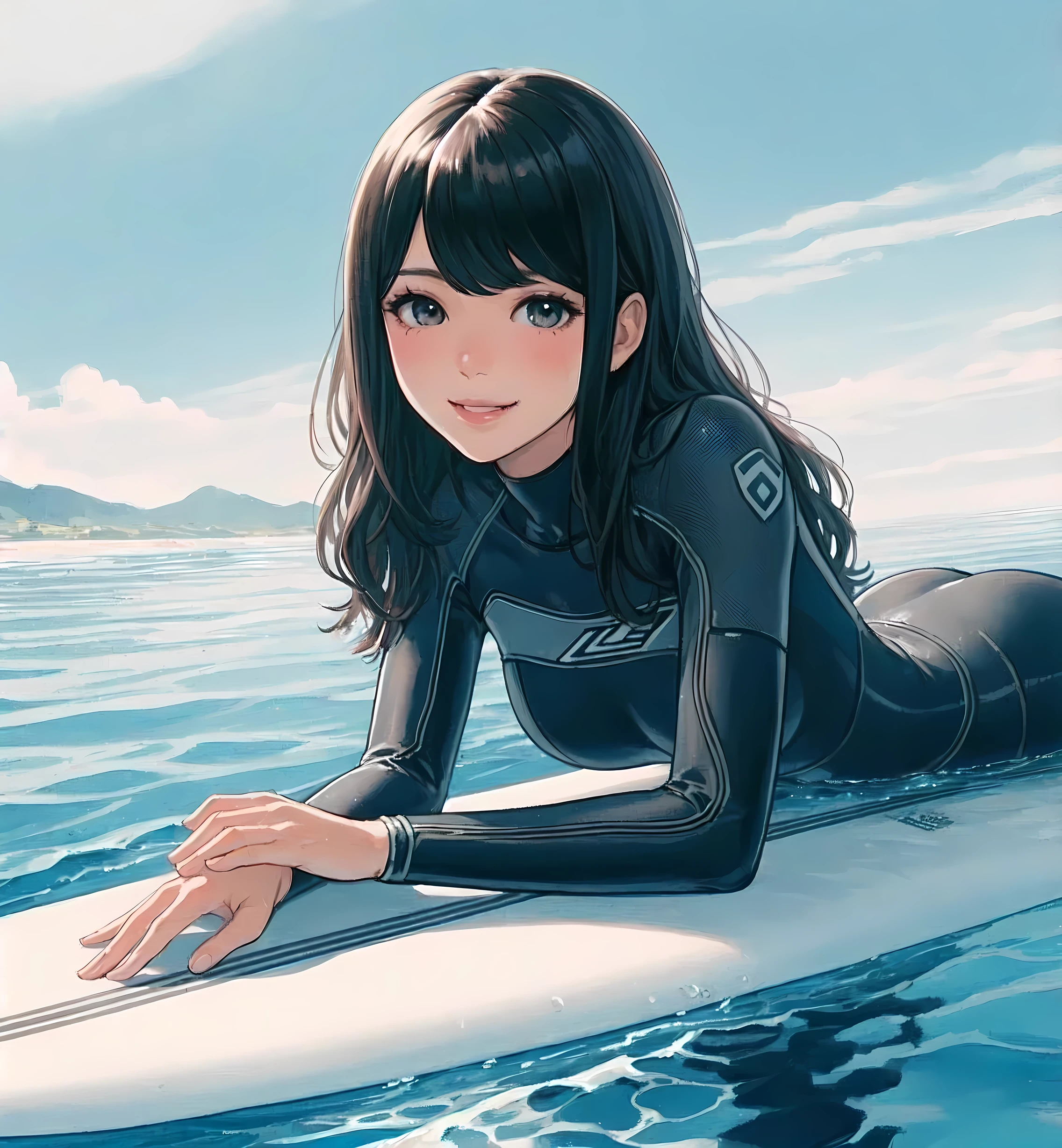 1lady solo, lying on surfboard (on stomach), (stylish wetsuit) surfer, /(black hair/) bangs, light smile, (teeth:0.8), (masterpiece best quality:1.2) delicate illustration ultra-detailed, large breasts BREAK (sea surface) outdoors, quiet sea, horizon, blue sky, detailed background