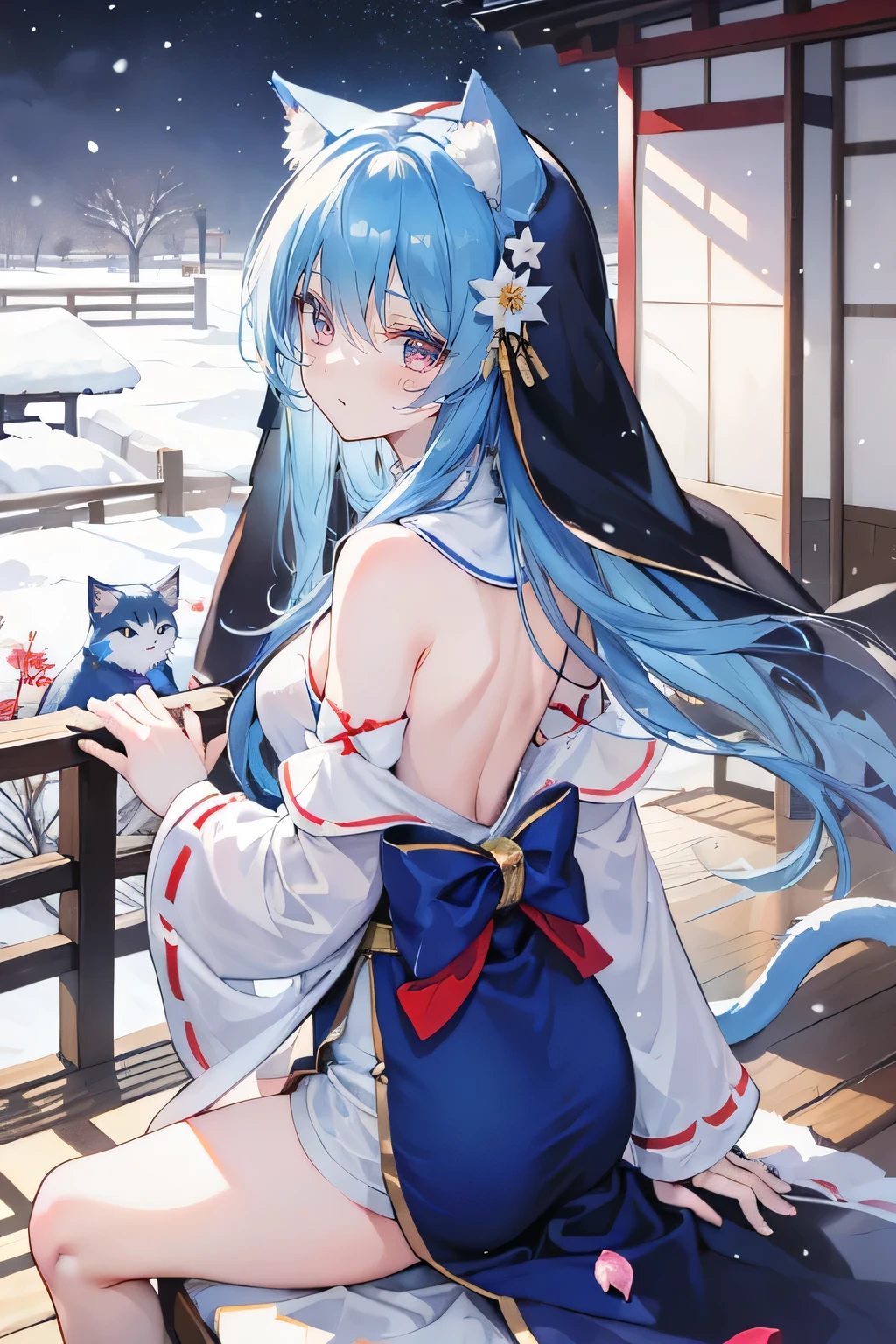 (masterpiece:1.2),Super detailed,lifelike,Expressive eyes,fair skin,perfect face shape,1 girl,
Japanese comics,Gorgeous blue hair,flowing blue hair,flowing clothes,Cat ears,Petals fall,beautiful lola,Baby Angel,
Shaking head with one hand,Cross your legs,Gentle and peaceful background,The pavilion is cool and comfortable,smile,back views,snowing, winter,nun's Clothes,stately church,。