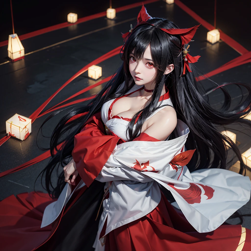 Anime girl with long black hair and red eyes surrounded by a mask, Anime Moe Art Style, From the Azur Lane video game, Artistic rendering of Reimu Hakurei, onmyoji portrait, Anime Style 4k, Ayaka Genshin Impact, Shalltear Bloodfallen, Nightcore, yandere intricate, Devil Anime Girl, Reimu Hakurei