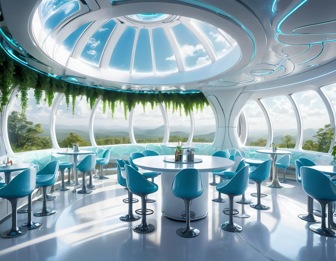ultra-realistic solarpunk canteen in suspended building, futuristic interior design with round bar counter made of reflective white polyethylene, chairs and tables in a room with large windows, futuristic and ethereal, futuristic setting, karim rashid, futuristic interior, smooth utopian design,in a futuristic forest place, surreal design, by Zha Shibiao, futuristic decoration, solarpunk cantine, cafe in the clouds, surreal sci fi set design, futuristic architecture concept, natural and volumetric lighting, sharp focus, vibrant colors,high saturation,high contrast,very high resolution,HDR,8k, masterpiece, best quality
