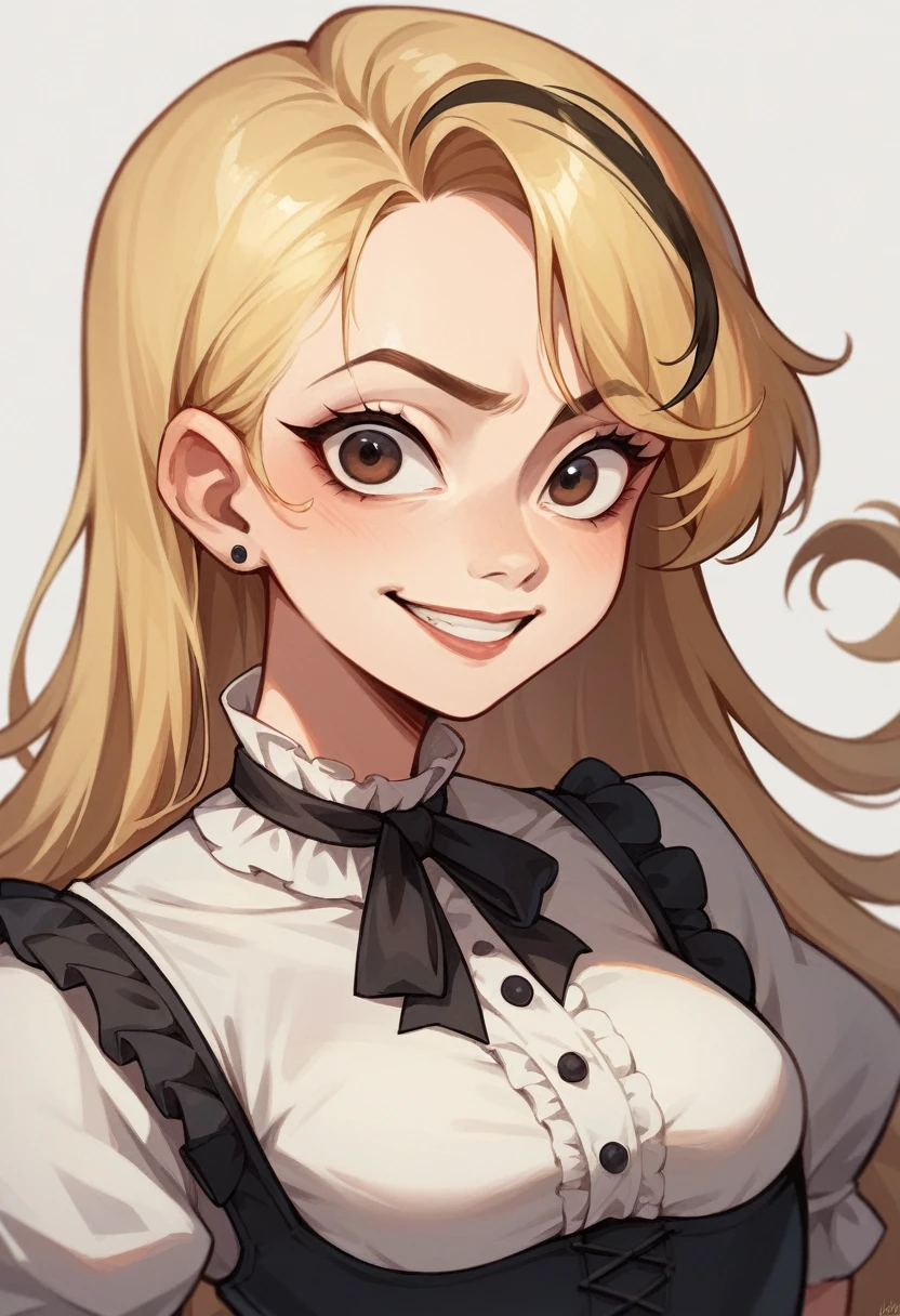 Create a high-quality 2D Pixar-style cartoon portrait of a girl with dark brown eyes, with a mischievous smile, streaked hair highlighted in blonde, wearing a black teddy-style blouse, I want as much detail as possible in the blouse.