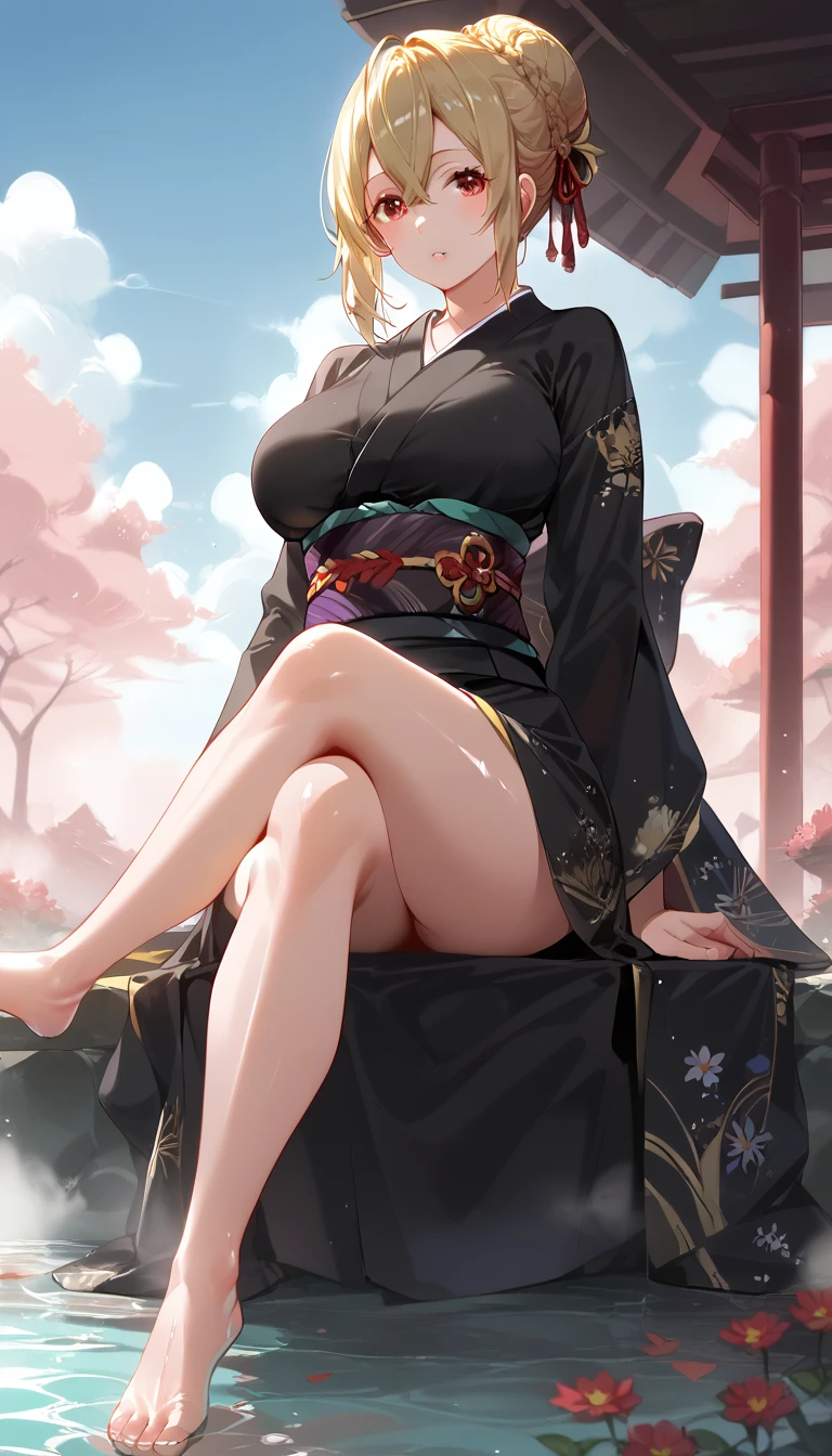 score_9, score_8_up, score_7_up, score_6_up, uncensored, angelica, blonde hair, braid, hair bun, red eyes, BREAK (masterpiece:1.2), best quality, high resolution, (beautiful detailed eyes:1.3), perfect lighting, (perfect hands, perfect anatomy), large breasts, shiny skin, sitting, thighs, outdoors, japanese clothes, sky, barefoot, day, wide sleeves, kimono, water, flower, spotlight, tree, legs, sash, bare legs, obi, crossed legs, nature, black kimono, short kimono, reflective, (fog:1.3), fireflies,