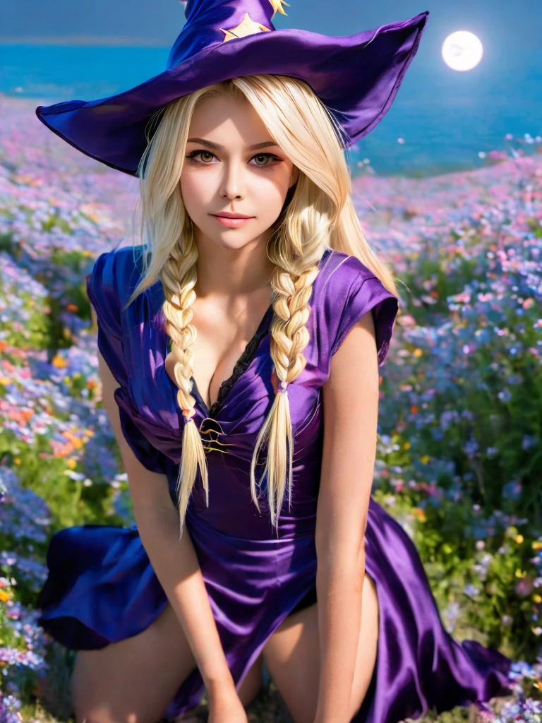 dark magician girl, masterpiece, best quality, (1girl), solo, (water), long hair, blonde hair, blue headwear, wizard hat, spell casting, castle, castle:2, motion blur, book, magic, (moonlight:1.2), chromatic aberration, depth of field, soft lighting, highly detailed face, highly detailed eyes, 