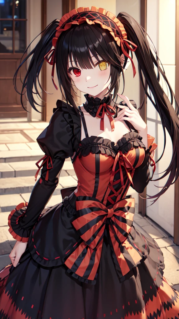 masterpiece, The best quality、street、Put your arms behind your back、Black Hair, Long twin tails bunches, (Yellow eyes:1.2), Heterochromia iridum, (Red Eyes:1.2),Tokisaki Kurumi、Smile,Gothic Lolita Clothing Accessories、victorian maid tiara、Black Ribbon、Shut up、Gothic Lolita Clothing Accessories