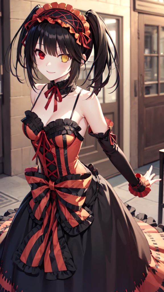 masterpiece, The best quality、street、Put your arms behind your back、Black Hair, Long twin tails bunches, (Yellow eyes:1.2), Heterochromia iridum, (Red Eyes:1.2),Tokisaki Kurumi、Smile,Gothic ta Clothing Accessories、victorian maid tiara、Black Ribbon、Shut up、Gothic Lolilothing Accessories