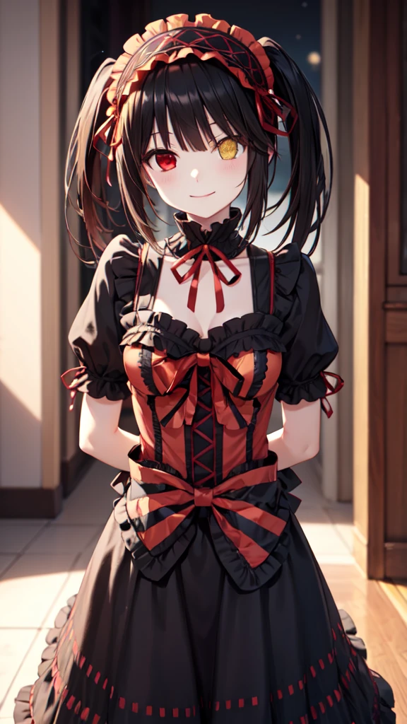 masterpiece, The best quality、street、Put your arms behind your back、Black Hair, Long twin tails bunches, (Yellow eyes:1.2), Heterochromia iridum, (Red Eyes:1.2),Tokisaki Kurumi、Smile,Gothic ta Clothing Accessories、victorian maid tiara、Black Ribbon、Shut up、Gothic Lolilothing Accessories