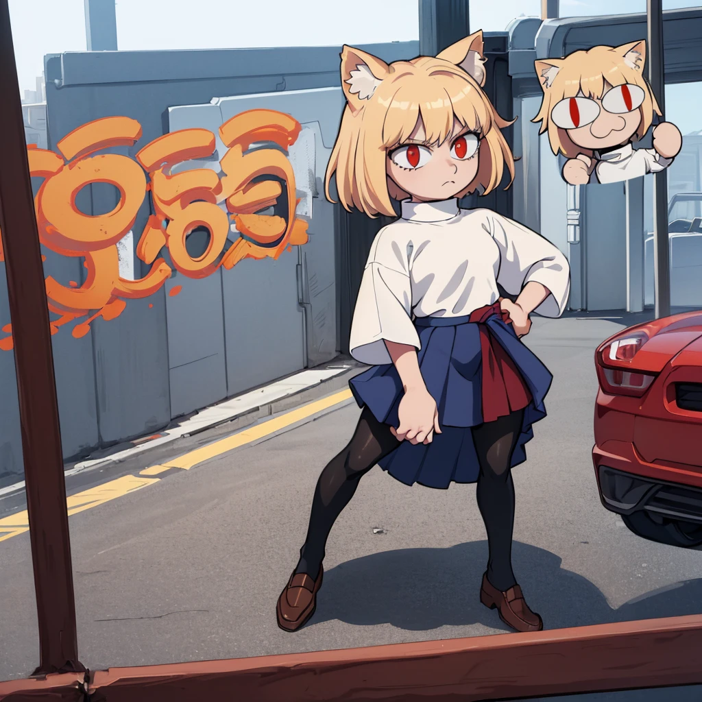 (masterpiece, best quality:1.2), necoarc, slit pupils, cat ears, blonde hair, red eyes, chibi, 1boy, solo, white turtleneck, blue skirt, pleated skirt, brown footwear, pantyhose, outdoors, pov, femboy, highlight thighs, hands on waist