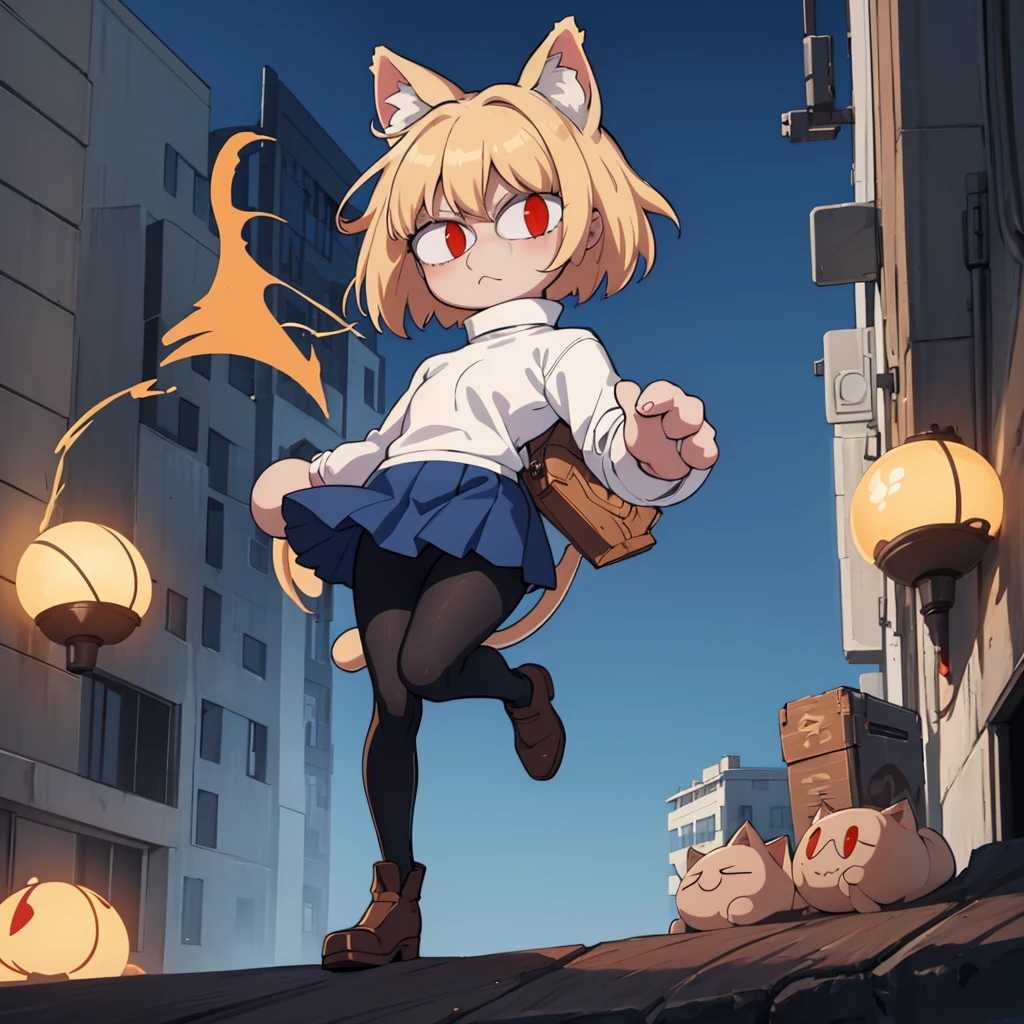 (masterpiece, best quality:1.2), necoarc, slit pupils, cat ears, blonde hair, red eyes, chibi, 1boy, solo, white turtleneck, blue skirt, pleated skirt, brown footwear, pantyhose, outdoors, pov, femboy, highlight thighs, hands on waist