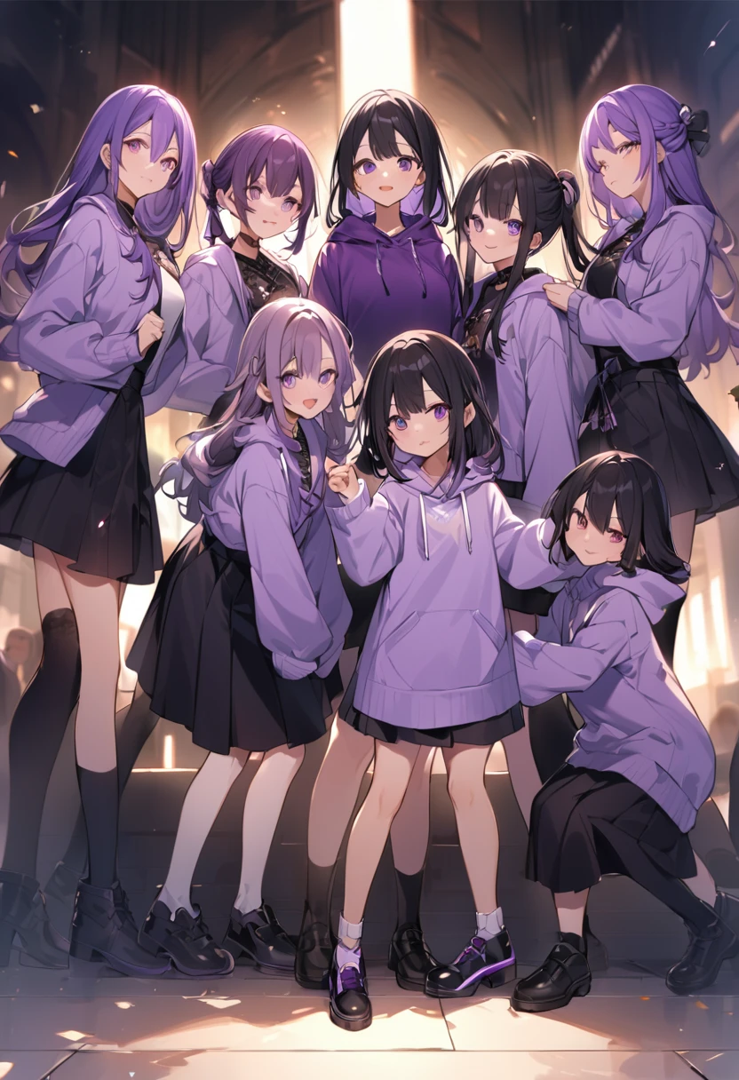 Keito。Purple hoodie。Black Skirt。Purple Eyes。Black Hair。Black shoes下。Black shoes。6 people。The eldest daughter has purple hair。6 people