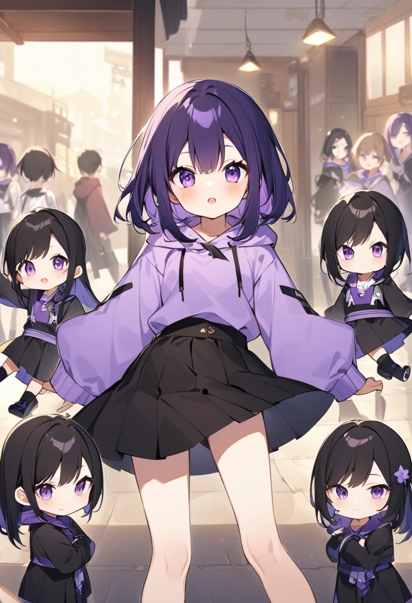 Keito。Purple hoodie。Black Skirt。Purple Eyes。Black Hair。Black shoes下。Black shoes。6 people。The eldest daughter has purple hair。6 people