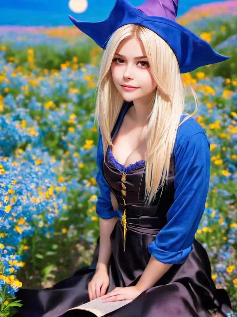 dark magician girl, masterpiece, best quality, (1girl), solo, (water), long hair, blonde hair, blue headwear, wizard hat, spell casting, castle, castle:2, motion blur, book, magic, (moonlight:1.2), chromatic aberration, depth of field, soft lighting, highly detailed face, highly detailed eyes, 