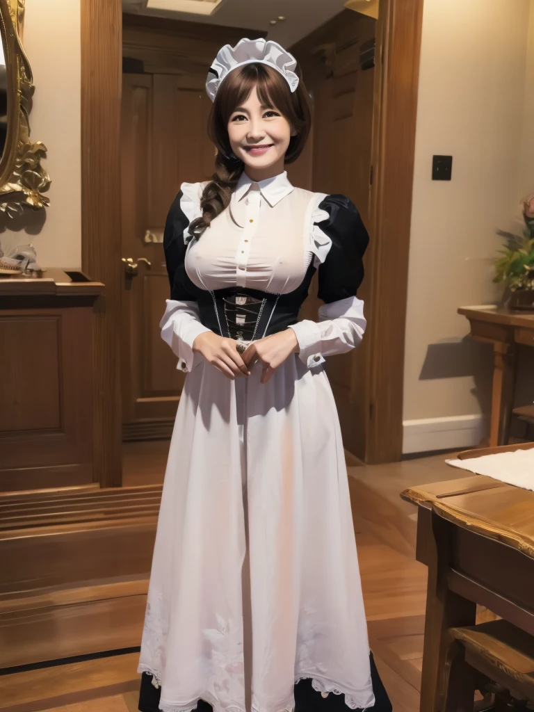 Highest quality、masterpiece、8K、Very detailed、Realistic、50 years old、Wrinkles around the eyes、Wrinkles around the mouth、One person、Looking at me with a smile、whole body、Big Breasts、Erect nipples、Thin and beautiful legs、Tight and slim waist、Tight maid outfit、skirt