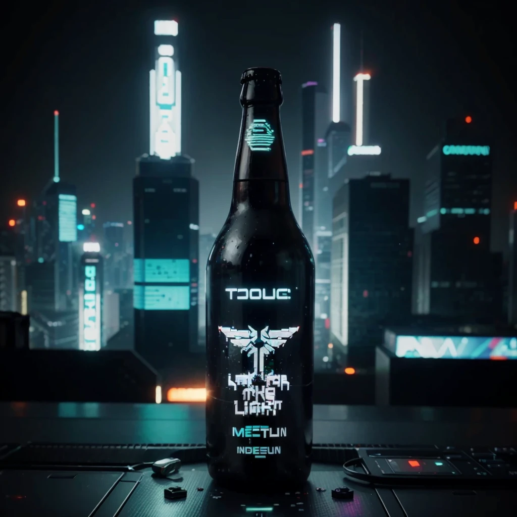 One bottle in the picture.A bottle of cyber beer presented in cyberpunk style, with characteristic elements: smooth, matte coating, decorated with bright neon luminous inserts. Design includes digital pixel patterns and abstract graphic elements, creating the effect of digital disruption and the future of the technological world. The main color of the bottle is deep purple, red, orange or green. This combination gives the product a unique cyberpunk style and modern look..
Bottle with holographic labels, depicting robotic fruits reflecting the taste of the future.