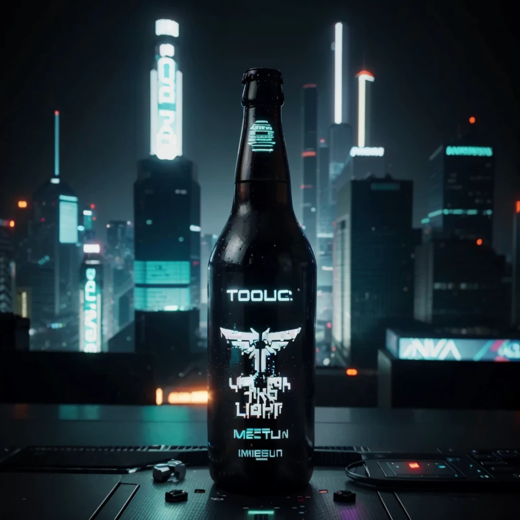 One bottle in the picture.A bottle of cyber beer presented in cyberpunk style, with characteristic elements: smooth, matte coating, decorated with bright neon luminous inserts. Design includes digital pixel patterns and abstract graphic elements, creating the effect of digital disruption and the future of the technological world. The main color of the bottle is deep purple, red, orange or green. This combination gives the product a unique cyberpunk style and modern look..
Bottle with holographic labels, depicting robotic fruits reflecting the taste of the future.