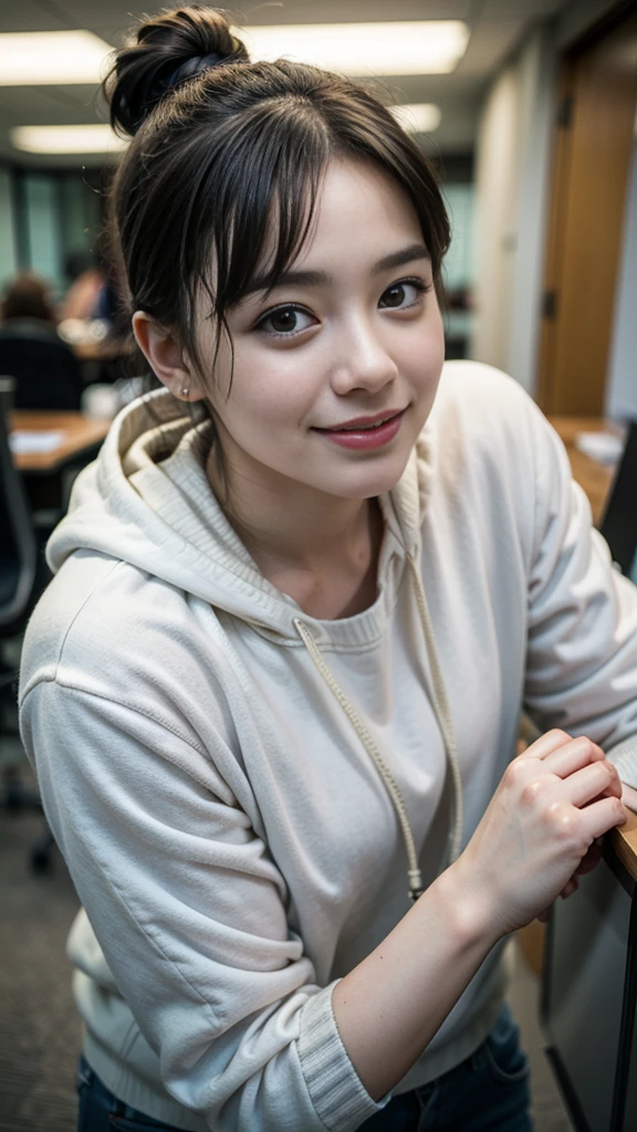  (8K, RAW photo, highest quality, masterpiece:1.3), (realistic, photo-realistic:1.4), (Highly detailed 8K wallpaper), sharp focus, Depth of written boundary,
 japanese idol,very cute,(baby face),sweater, Look at us and smile, Upper body, highly detailed face and eyes,((shiny skin:1.2)), cinematic lighting, soft light, blur background, Bokeh,(Office, modern, stylish, glass walls, open space:1.2),cowboy shot,underwear