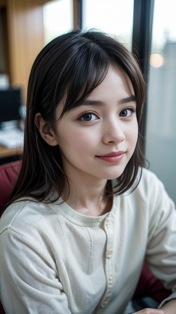 (8K, RAW photo, highest quality, masterpiece:1.3), (realistic, photo-realistic:1.4), (Highly detailed 8K wallpaper), sharp focus, Depth of written boundary,
japanese idol,very cute,(baby face),sweater, Look at us and smile, Upper body, highly detailed face and eyes,((shiny skin:1.2)), cinematic lighting, soft light, blur background, Bokeh,(Office, modern, stylish, glass walls, open space:1.2),cowboy shot,underwear