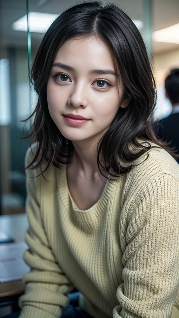 (8K, RAW photo, highest quality, masterpiece:1.3), (realistic, photo-realistic:1.4), (Highly detailed 8K wallpaper), sharp focus, Depth of written boundary,
japanese idol,very cute,(),sweater, Look at us and smile, Upper body, highly detailed face and eyes,((shiny skin:1.2)), cinematic lighting, soft light, blur background, Bokeh,(Office, modern, stylish, glass walls, open space:1.2),cowboy shot,underwear