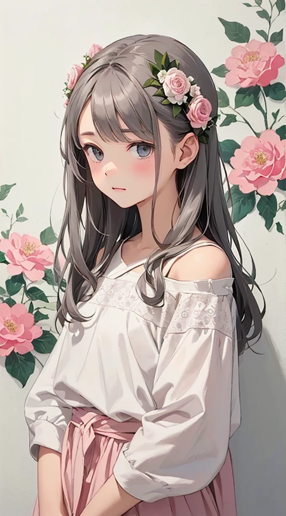 A white wall with a picture of flowers、A wall decorated with artistically painted pink flowers、One Girl、Adorable girl、Cute face、Gray Hayne&#39;s Eyes、silence、Zazen、Small breasts、Intricately decorated costumes、Highest quality、Best image quality、masterpiece:1.3、Portraiture、８hair、Perfect lighting、Professional Photographer、