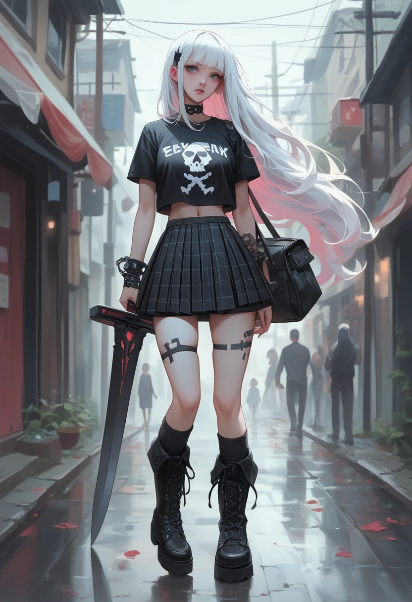 8K、Very detailed、whole body、Cyberpunk art、Ash colored medium long hair、Wear a black gothic crop top、Wear a white cropped t-shirt、Wear a black and white checked gothic mini skirt、Wear black boots、Carrying a huge broad sword、Walking through a gothic Western town、Female Android