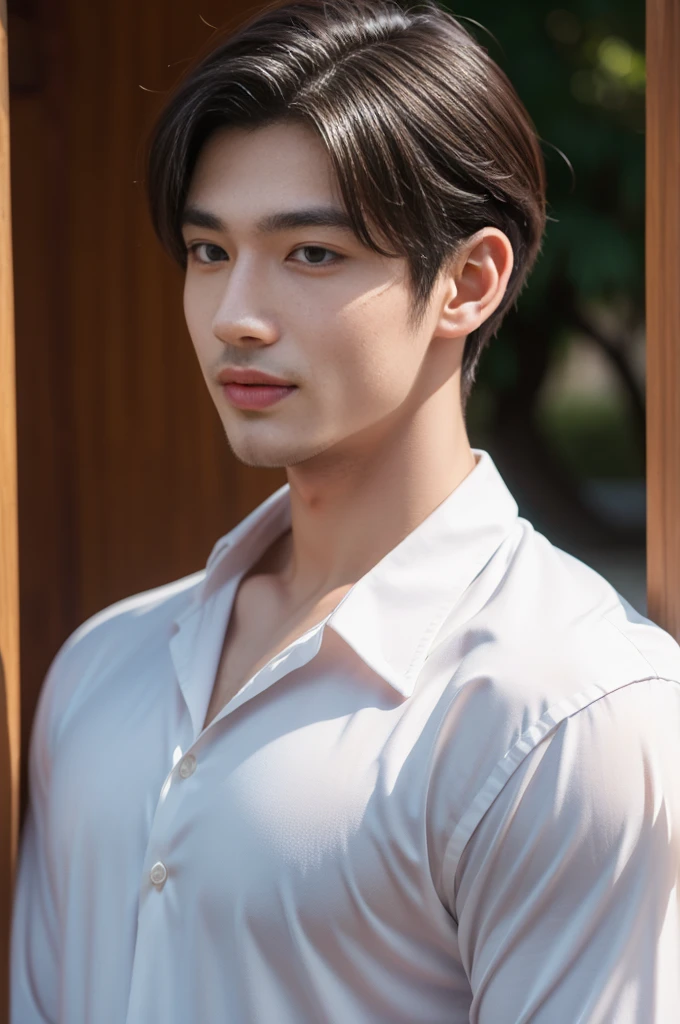 male handsome 20-year-old handsome shirt guy，looking to the camera，frontage，high qulity，tmasterpiece，8K.4K,1080P，Light-sensitive, ยิ้ม, ,มุมกว้าง