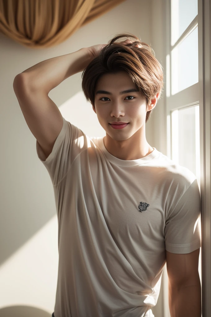male handsome 20-year-old handsome shirt guy，looking to the camera，frontage，high qulity，tmasterpiece，8K.4K,1080P，Light-sensitive, ยิ้ม, ,มุมกว้าง