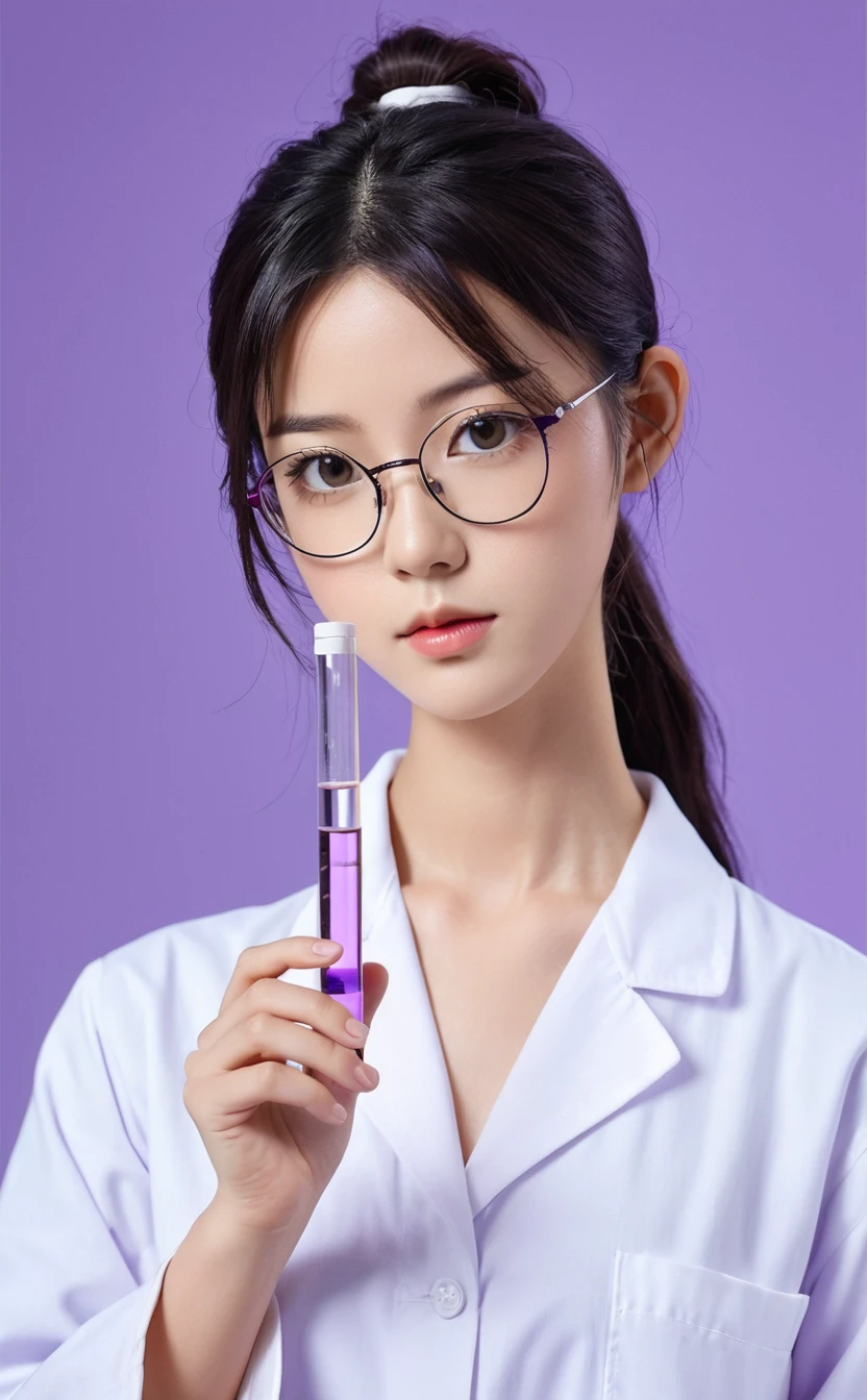 Realistic,Portrait of one girl of young Japanese idol,fake glasses,Upper Body,Dark purple hair,indoor,holding a test tube,Looking at test tubes,Simple lavender background,Release your lips,Serious face,ponytail,,She is wearing a doctor's coat over a purple blouse,Popular Korean makeup,photoRealistic