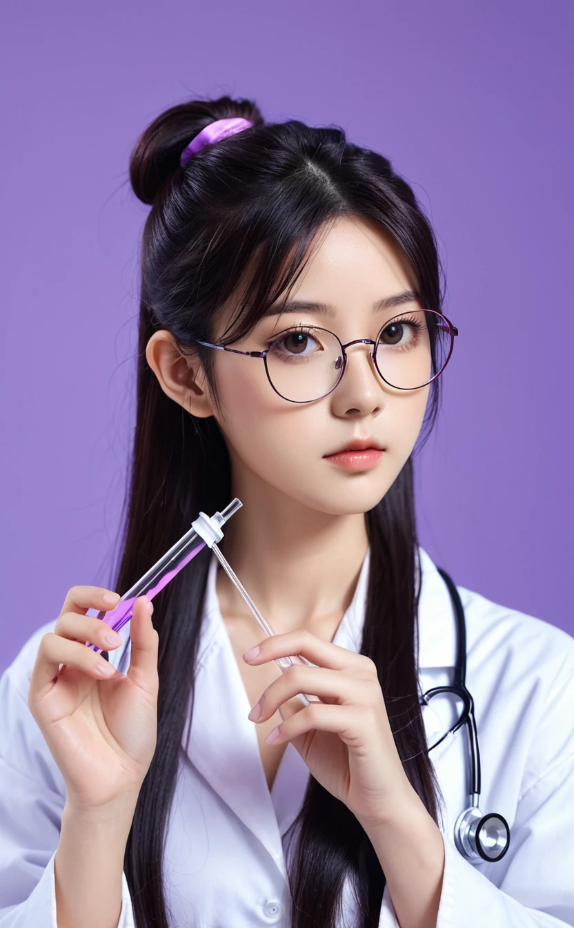 Realistic,Portrait of one girl of young Japanese idol,fake glasses,Upper Body,Dark purple hair,indoor,holding a test tube,Looking at test tubes,Simple lavender background,Release your lips,Serious face,ponytail,,She is wearing a doctor&#39;s coat over a purple blouse,Popular Korean makeup,photoRealistic