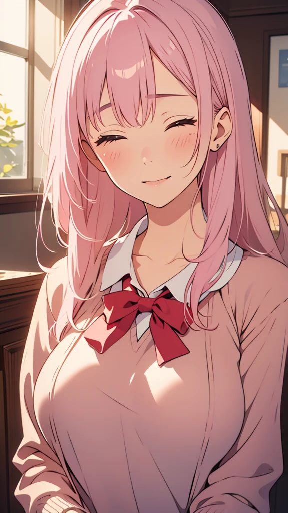 8k,(High quality:1.4),(best quality:1.4),(masterpiece:1.4),(busty breasts:1.4),(beautiful face:1.3),(beautiful woman:1.3),(pale pink hair:1.4),medium hair,a mole around the mouth,(enjoy:1.6),(closed eyes:1),(burst into laughter:1.4), (squinting:1.2)(school uniform:1.1),(beige sweater:1.2),(close-up:1.2),a bow tie