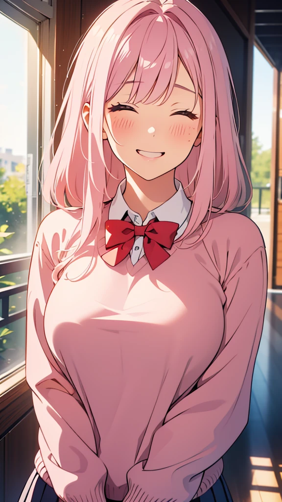 8k,(High quality:1.4),(best quality:1.4),(masterpiece:1.4),(busty breasts:1.4),(beautiful face:1.3),(beautiful woman:1.3),(pale pink hair:1.4),medium hair,a mole around the mouth,(enjoy:1.6),(closed eyes:1),(burst into laughter:1.4), (squinting:1.2)(school uniform:1.1),(beige sweater:1.2),(close-up:1.2),a bow tie