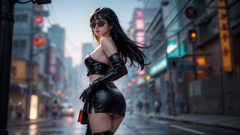 8k, Realistic Skin Texture, Realistic Photo, Neo Tokyo, slim Japanese women, large-breast:1.3 cleavage:1.2, AD2050 at night, Dirty hunting jacket, Wearing tube top, miniskirt, (((black sunglasses, automatic rifle, sneakers, cold, shooting pose, low angle view))), Innovative composition, revenge, cyberpunk, blade runner worldview, Large neon sign, Geisha hologram sign, Strong Wakamoto Sign.