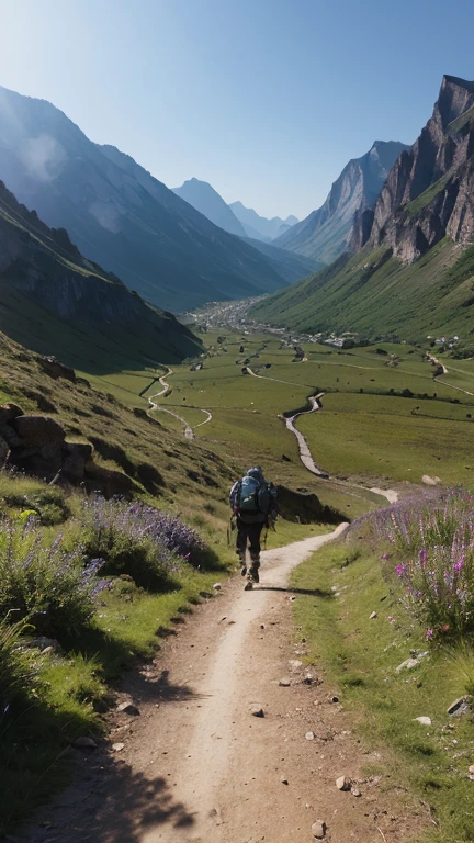 (best quality), (superior quality), (dark), (1man wearing hiking gear), wandering in the valley of shadows. walking towards a mountain top.Raw,Award-winning,landscape