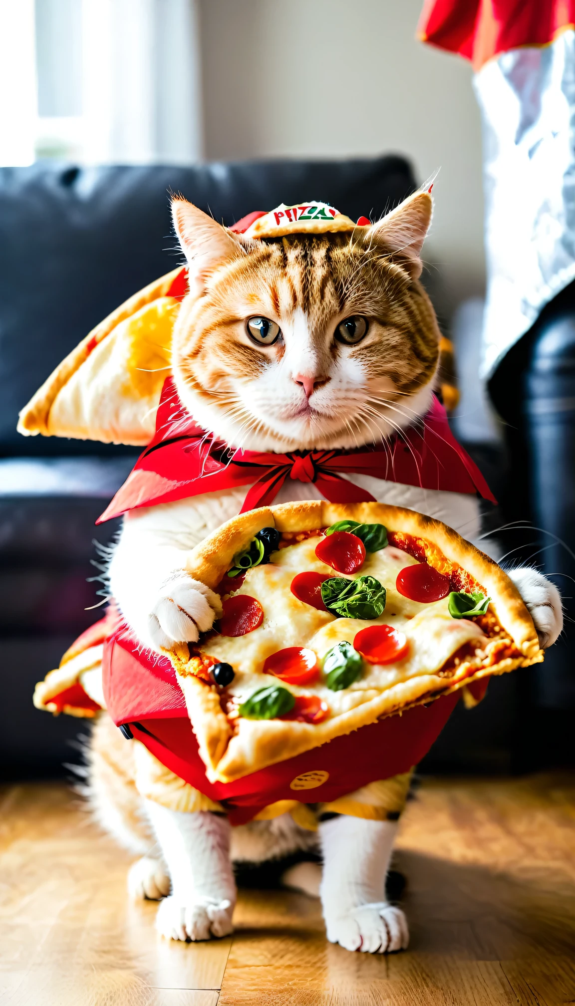 A chubby cat dressed in a Pizza-La costume from the pizza delivery company、I deliver pizza.