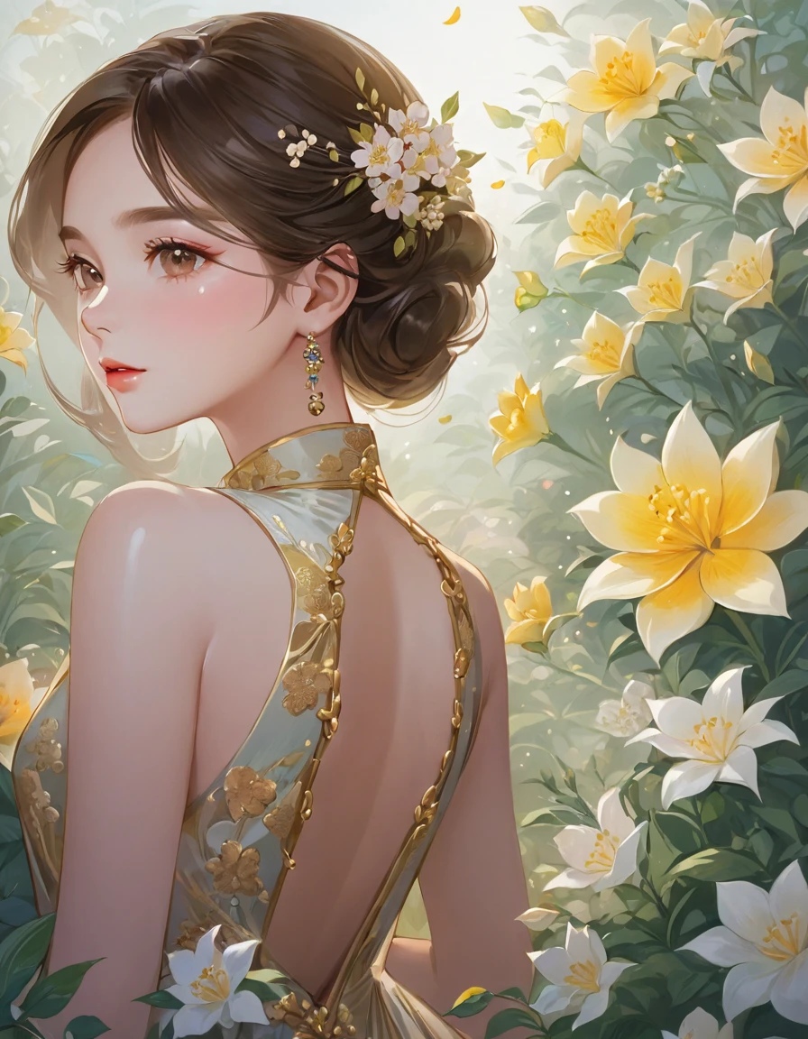 A painting of a woman in a dress surrounded by flowers, Beautiful digital artwork, Beautiful character drawings, Exquisite digital illustrations, Beautiful artwork illustration, Elegant digital painting, Jinnah Chan, beautiful Amazing digital art, Beautiful digital art, Li Song, Jan J, Chen Lin, Yanjun Chent, Amazing digital art, Beautiful digital painting, Beautiful digital illustrations