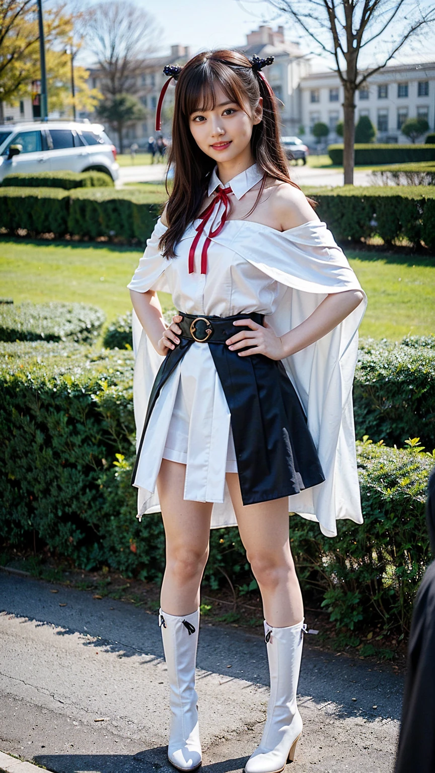 (8K、RAW Photos、Highest quality、masterpiece:1.2)、(Realistic、Realistic)、1 Girl、((mini skirt、white、Thin legs、whole body、boots、Clothes with ribbons、Cape、Anime Costumes、Chest ribbon、Off the shoulder、See-through、Frills、garden、smile、View from the front、Ribbon on chest、Looking into the camera、belt、Stand with hands on hips))、