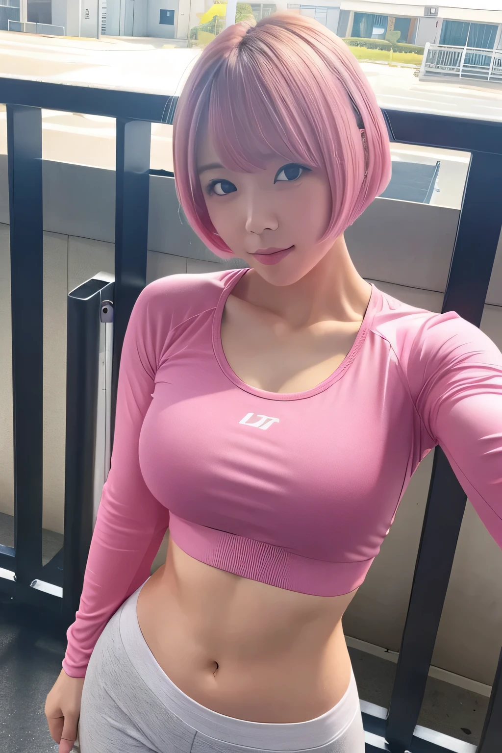 Cute Japanese Women Photos、Big ample breasts、Very short bob hair、Pink Hair、Upper body、Face Focus、Gym、Long sleeve sportswear、Simple Background、From above、Take a selfie、Are standing、Above the waist、No smartphone