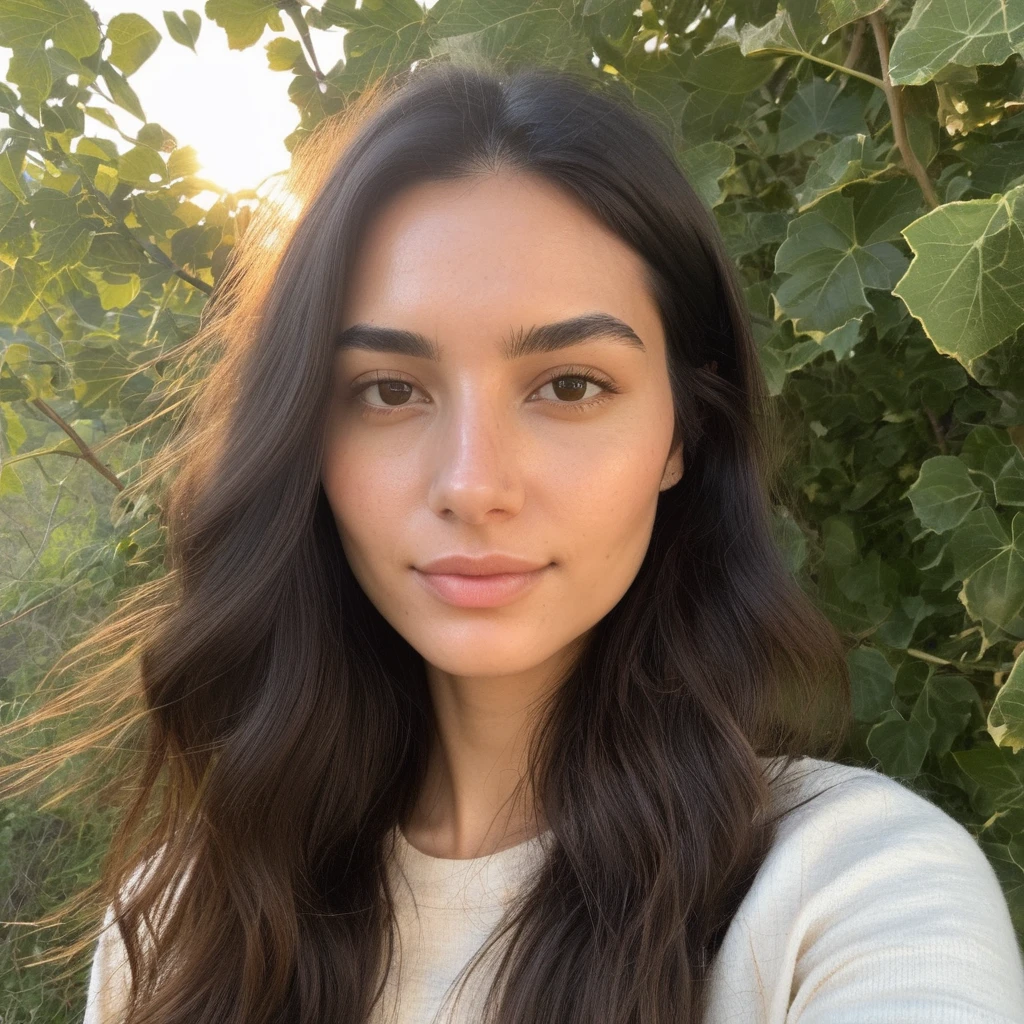 (front facing camera),(Texture de la peau, pores, naturel,iPhone,brut)), bright and sunny lighting, Full body photo'a woman with her hair styled to the side and wearing a ((tight)) elastic top with long sleeves and straps,regardant droit vers la caméra, nikon z9, Realistic matte skin,blurred landscape with green trees and grassy hills in the background,
