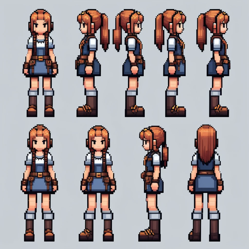 Pixel Art,Pixel Art,Create an original character design sheet,The protagonist of the game,girl,Girl,Adventurer's Clothing,Long hair,Staff,travelling poet,((3 Views,whole body,background,multiple views,high resolution)),multiple views,Multiple poses,initiative,Action poses,dynamic,pretty,cute,masterpiece,Highest quality,detail,grace,role play,comedy,Multiple roles,A variety of clothing,Final Fantasy,Bold,手拿Staff
