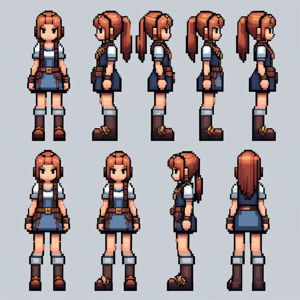 Pixel Art，Pixel Art，Create an original character design sheet，The protagonist of the game，girl，Girl，Adventurer&#39;s Clothing，Long hair，Staff，travelling poet，（（3 Views，whole body，background，multiple views，high resolution）），multiple views，Multiple poses，initiative，Action poses，dynamic，pretty，cute，masterpiece，Highest quality，detail，grace，role play，comedy，Multiple roles，A variety of clothing，Final Fantasy，Bold，手拿Staff