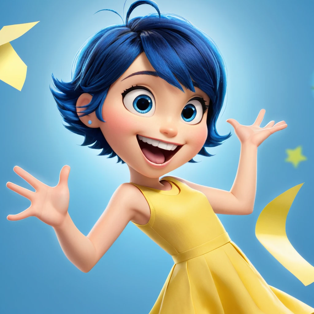 oy (a character in the movie "Inside Out" with short blue hair and yellow dress) is excited, jumping around, throwing review outlines and papers with a bright smile, symbolizing the feeling of "liberation" from academic pressures. , exam review after the graduation exam, graidient blue background, paper flying everywhere, design, happy, bright