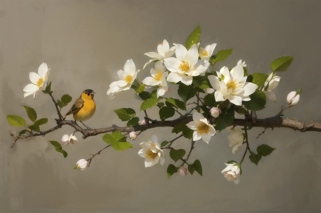 realistic, (best quality, masterpiece: 1.3), Finch, branch, still life, natural light, FLOWERS AND SEEDS