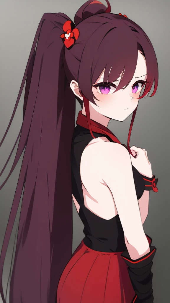 high tail hairstyle, Ponytail hairstyle, Long wavy black hair, standing posing, anime girl style, pixel art anime style,penetrating look with deep eyes,red and purple eyes, hair with a ponytail hairstyle trapped with a big red bun, Women, red hair clips, x color shaped hair clips , smiling face blush,