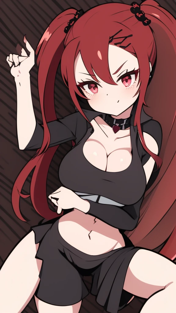 high tail hairstyle, Ponytail hairstyle, Long wavy black hair, standing posing, anime girl style, pixel art anime style,penetrating look with deep eyes,red and purple eyes, hair with a ponytail hairstyle trapped with a big red bun, Women, red hair clips, x color shaped hair clips , smiling face blush,