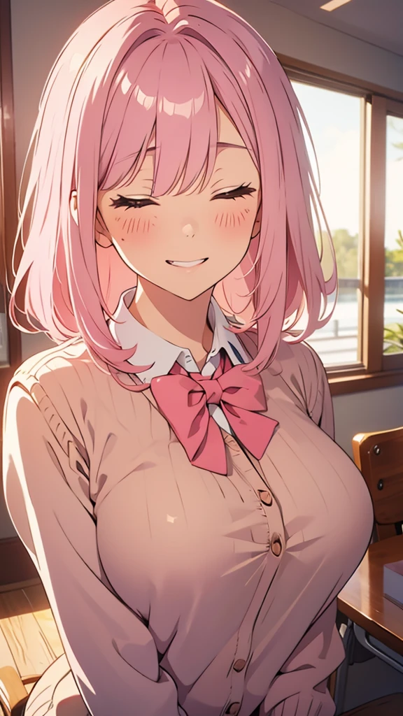 8k,(High quality:1.4),(best quality:1.4),(masterpiece:1.4),(busty breasts:1.4),(beautiful face:1.3),(beautiful woman:1.3),(pale pink hair:1.4),medium hair,a mole around the mouth,(enjoy:1.6),(closed eyes:1),(burst into laughter:1.4), (squinting:1.2)(school uniform:1.1),(beige sweater:1.2),(close-up:1.2),a bow tie