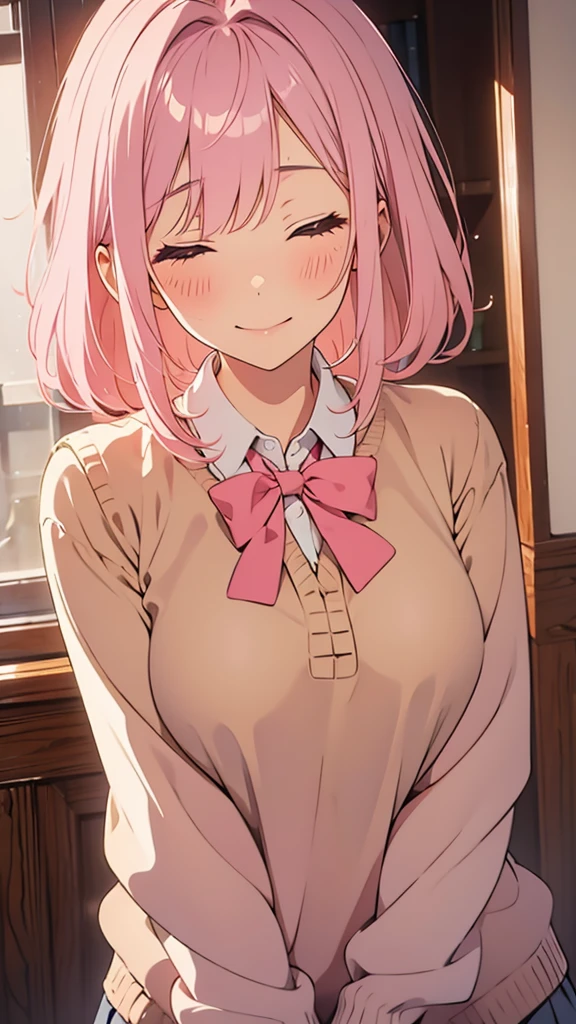 8k,(High quality:1.4),(best quality:1.4),(masterpiece:1.4),(busty breasts:1.4),(beautiful face:1.3),(beautiful woman:1.3),(pale pink hair:1.4),medium hair,a mole around the mouth,(enjoy:1.6),(closed eyes:1),(burst into laughter:1.4), (squinting:1.2)(school uniform:1.1),(beige sweater:1.2),(close-up:1.2),a bow tie