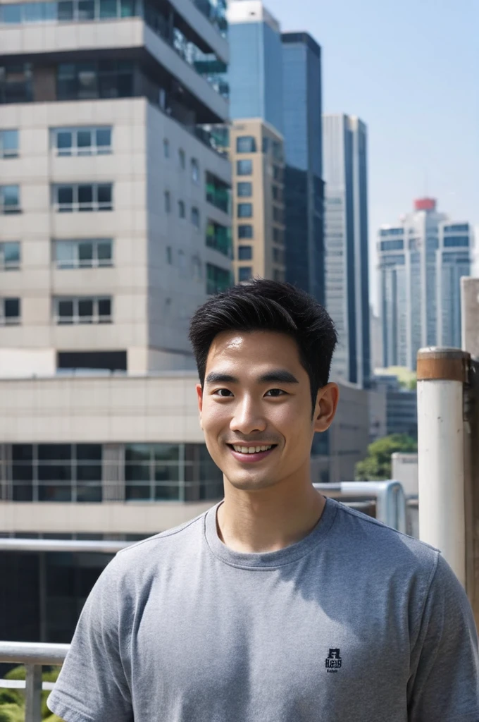 Korean man, Inspiration from Peng Yuyan, 23 years old, Korean muscular man ，The computer room is in the back, tight sports t-shirts, navy blue., open mouth smile