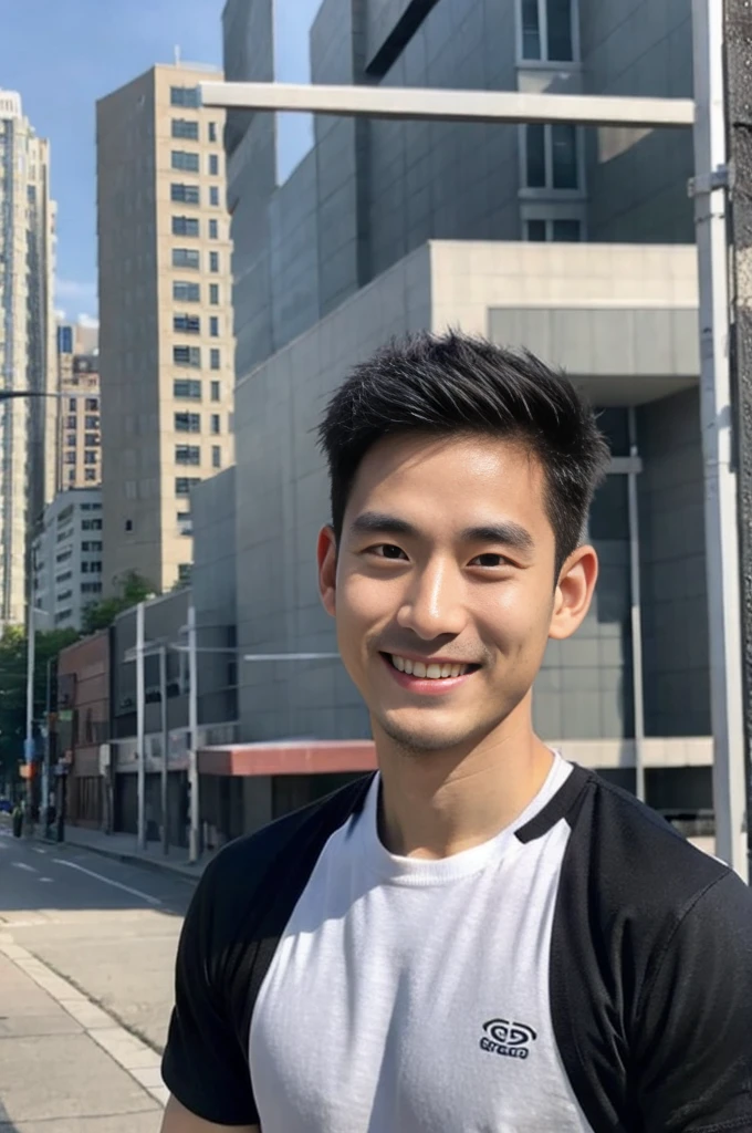 Korean man, Inspiration from Peng Yuyan, 30 years old, 236 years old, Cute Korean Face, 35 yo, 33 year old Korean muscular man,Gym in the background, black t-shirt , open mouth smile