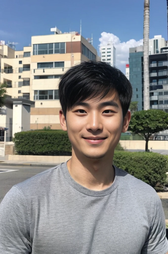 Korean man, Inspiration from Peng Yuyan, 30 years old, 236 years old, Cute Korean Face, 35 yo, 33 year old Korean muscular man，Gym in the background, black t-shirt , open mouth smile