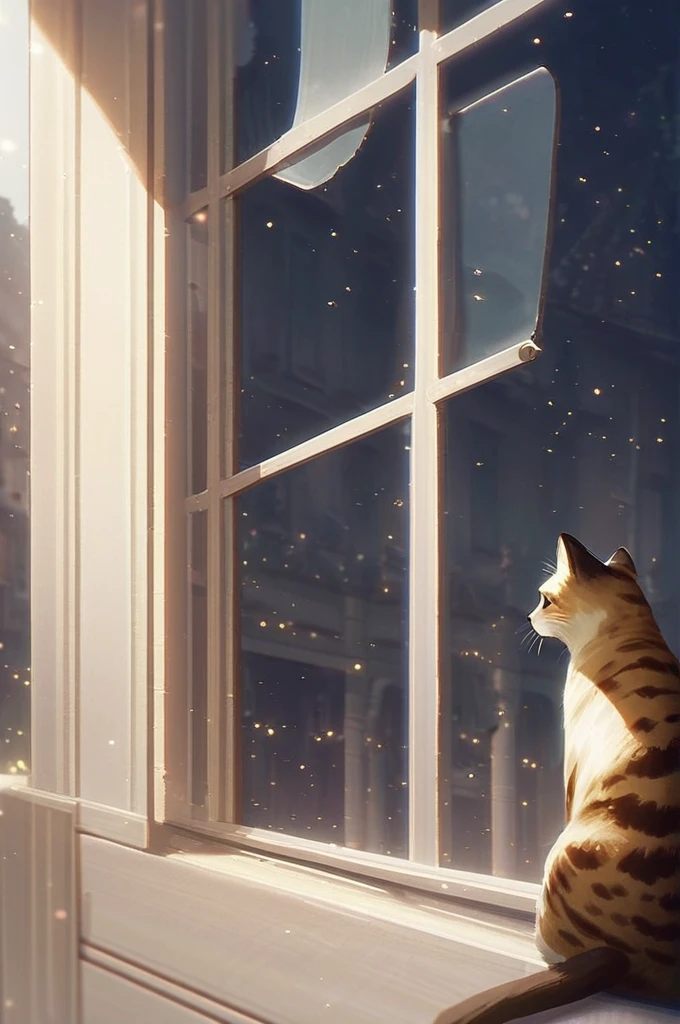 ((Лучшее качество)), ((шедевр)), (подробный), A big cat looks out of a window on a high floor spotted